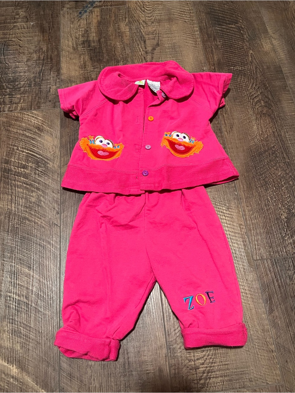 Vintage Sesame Street Zoe Girls' Hot Pink Pajama Set with Elmo Pockets